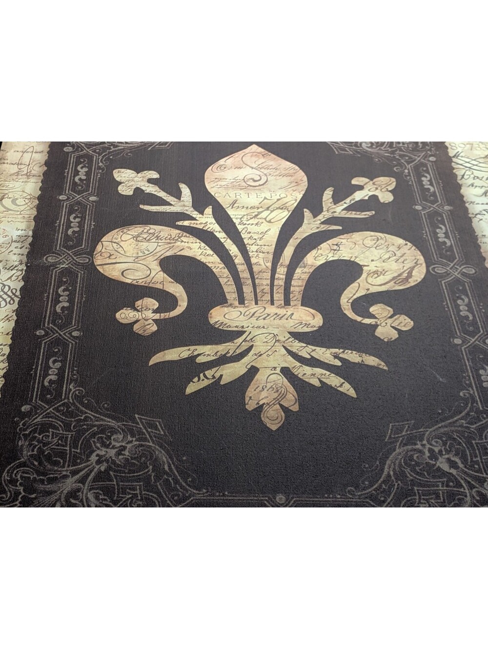 Black Tan Fleur de Lis Decorative Wall Art French Script Vintage Style Canvas